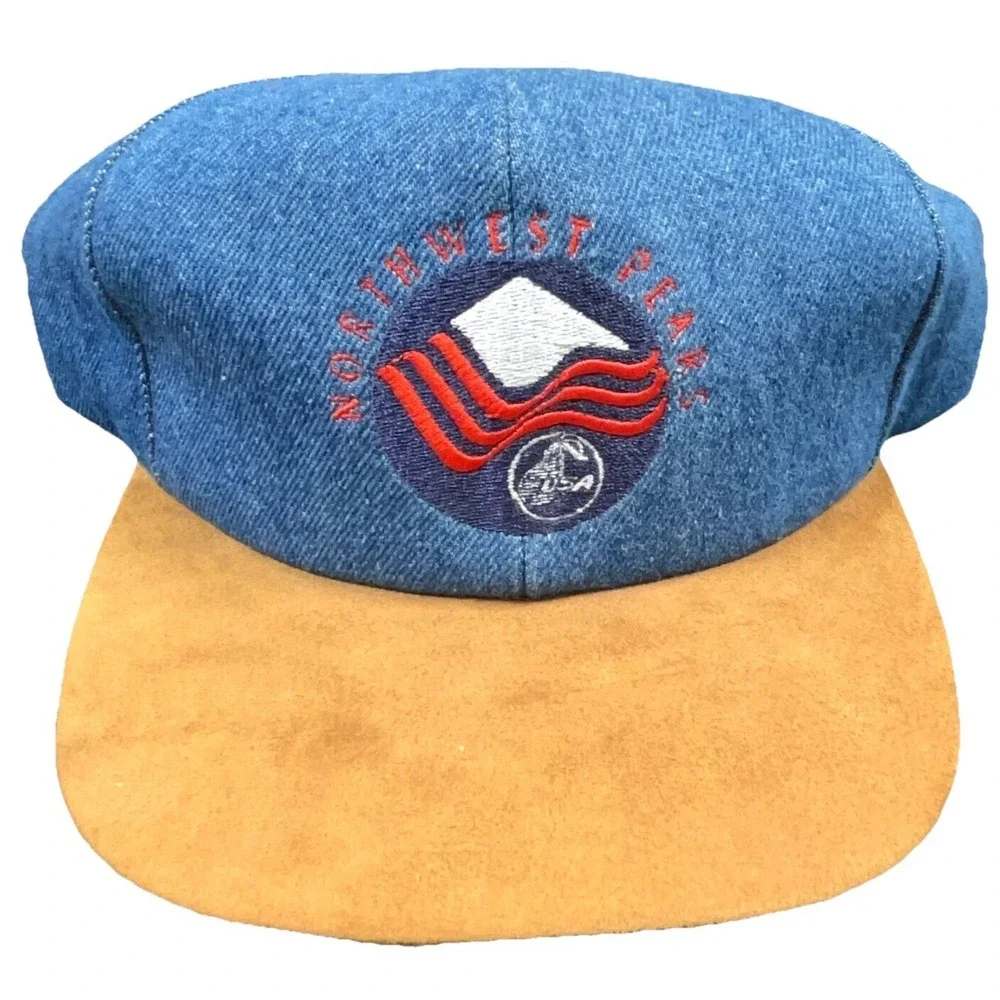 Vintage K Products Hat Cap‎ Trucker Snapback Denim Suede USA 90s Northwest Peaks
